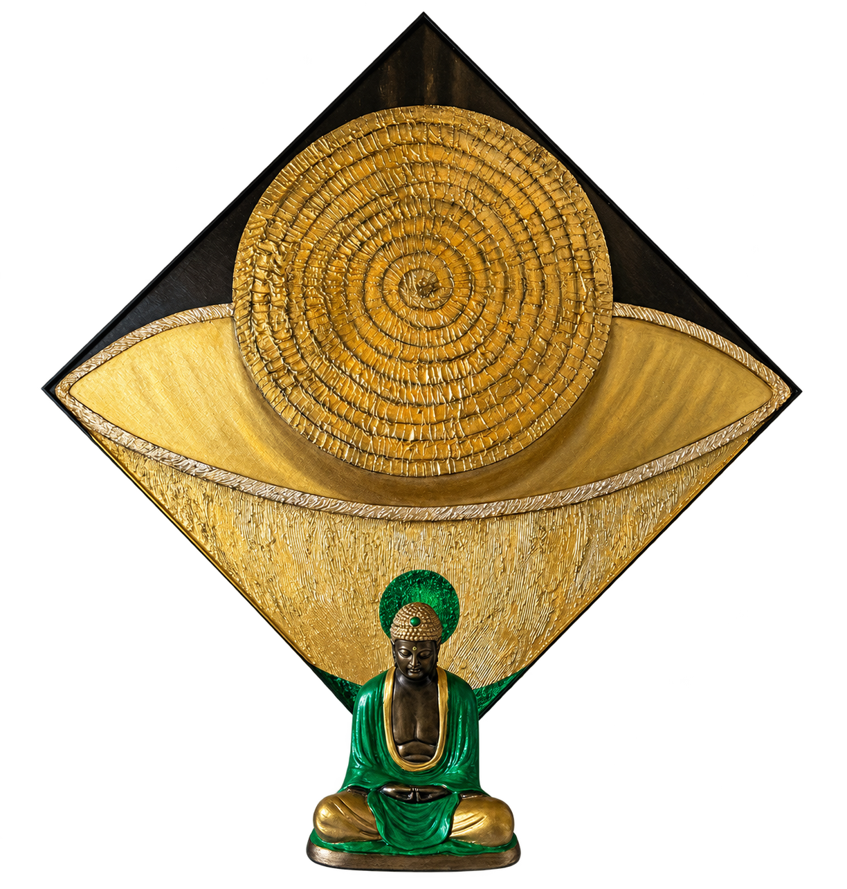 Goldenes Meditationsobjekt mit grüner Buddhafigur